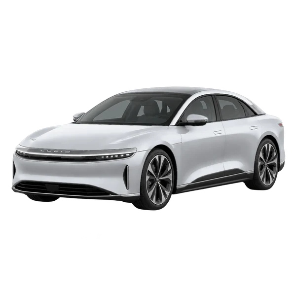 Lucid Air 2025 argent, vue trois-quarts avant (orienté vers la gauche)
