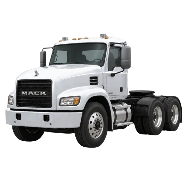 Mack Granite 2020 باللون فضي، منظر منظر أمامي بزاوية ثلاثة أرباع (متجه لليسار)