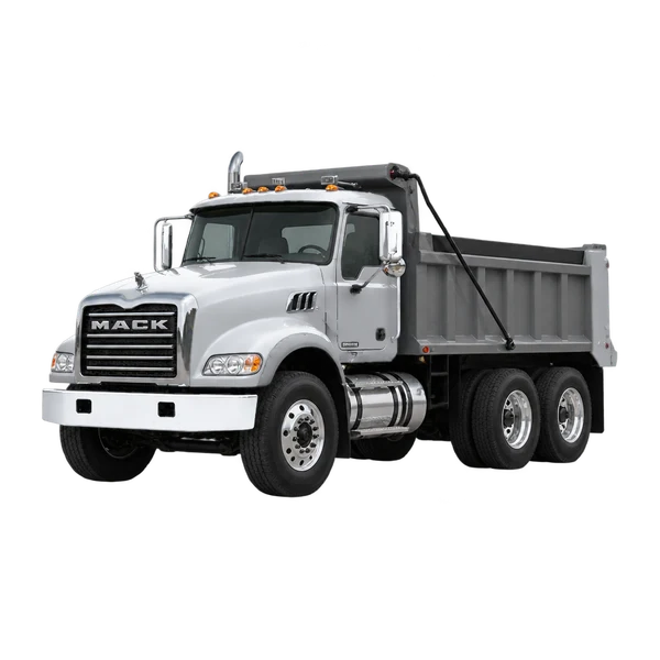 Mack GU (Granite) 2014 باللون فضي، منظر منظر أمامي بزاوية ثلاثة أرباع (متجه لليسار)