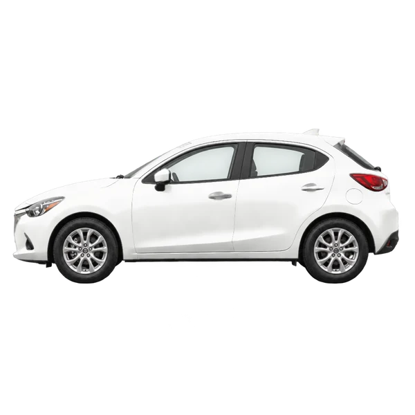 Mazda 2 2016 باللون أبيض، منظر جانبي (متجه إلى اليسار)