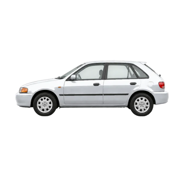 Mazda 323 Hatchback 1.5I GLX 1995 باللون فضي، منظر جانبي (متجه إلى اليسار)