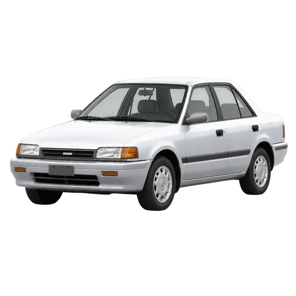 1990 Mazda 323 in Silber, Ansicht: Dreiviertelansicht vorne (nach links gerichtet)