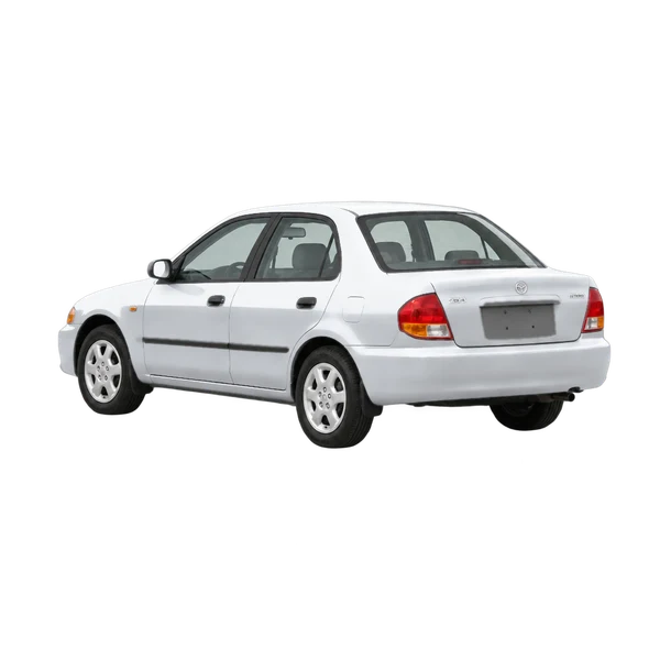 1996 Mazda 323 in Silber, Ansicht: Dreiviertelansicht von hinten (nach links gerichtet)
