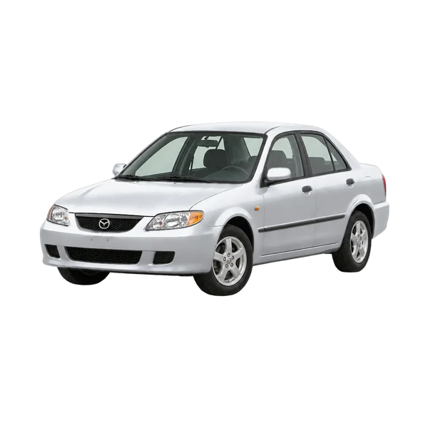 silver 2001 Mazda 323 front three-quarter (facing left) view
