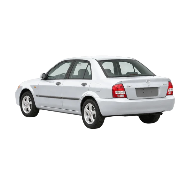 2001 Mazda 323 in Silber, Ansicht: Dreiviertelansicht von hinten (nach links gerichtet)