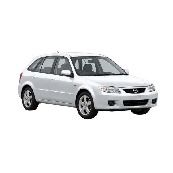 2001 Mazda 323F in Silber, Ansicht: Dreiviertelansicht vorne (nach links gerichtet)