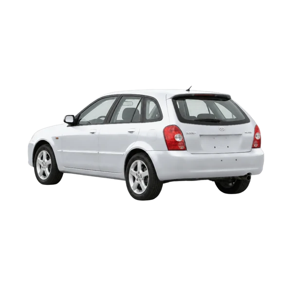 2001 Mazda 323F in Silber, Ansicht: Dreiviertelansicht von hinten (nach links gerichtet)