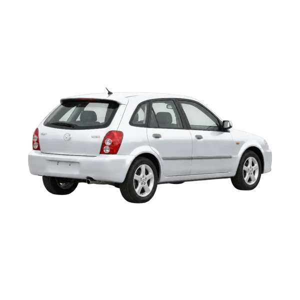 2001 Mazda 323F in Silber, Ansicht: Dreiviertelansicht hinten (nach rechts gewandt)