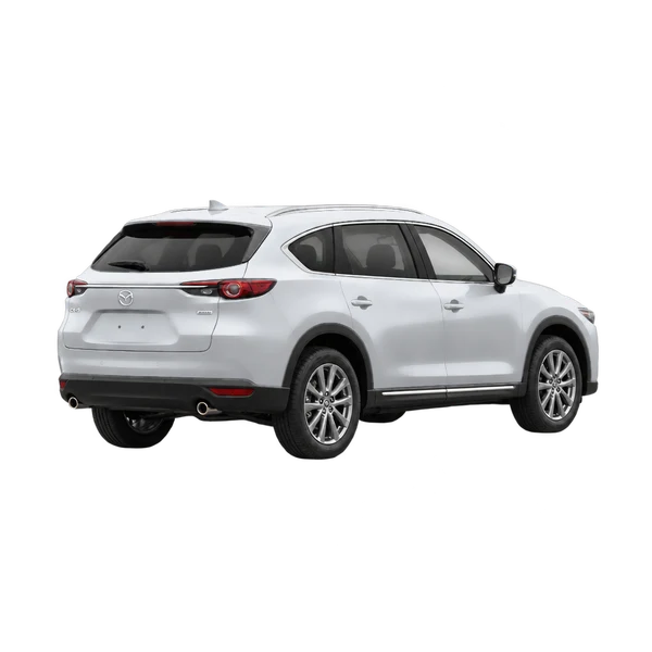 Mazda CX-8 2021 باللون فضي، منظر منظر خلفي بزاوية ثلاثة أرباع (باتجاه اليمين)