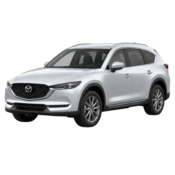 Mazda CX-8 2026 prata, vista dianteira em três quartos (voltada para a esquerda)