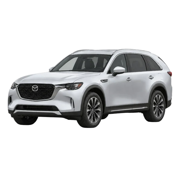 Mazda CX-90 2027 prata, vista dianteira em três quartos (voltada para a esquerda)