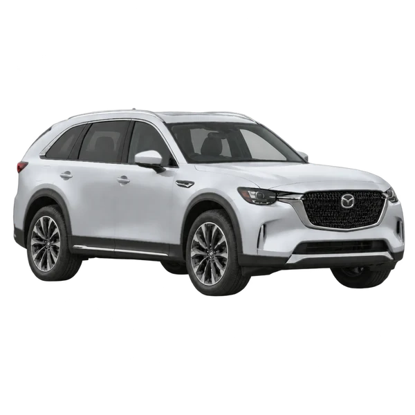 Mazda CX-90 2027 prata, vista três quartos dianteiro (voltado para a direita)