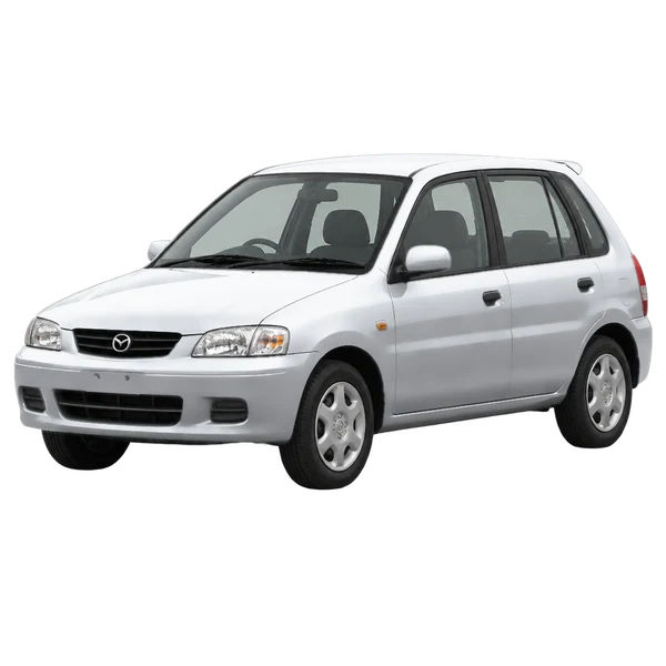 Mazda Demio 1999 prata, vista dianteira em três quartos (voltada para a esquerda)