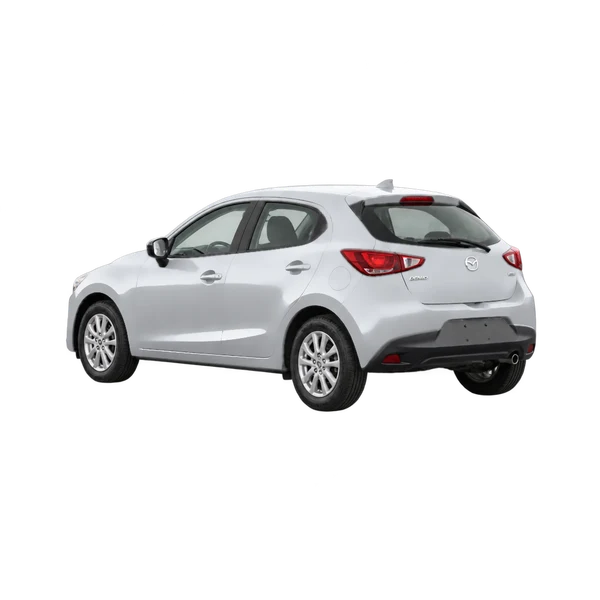 シルバーの2015 Mazda Demio（リア斜め（左向き）ビュー）