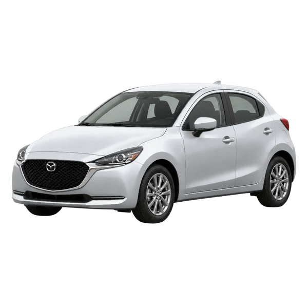 Mazda Demio 2022 prata, vista dianteira em três quartos (voltada para a esquerda)
