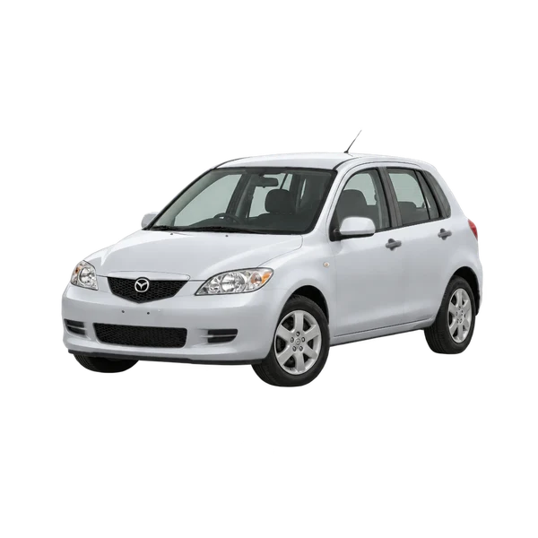 シルバーの2004 Mazda Mazda2（フロントスリークォーター(左向き)ビュー）