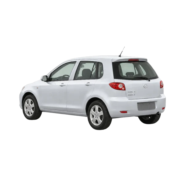 シルバーの2004 Mazda Mazda2（リア斜め（左向き）ビュー）