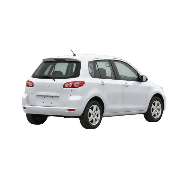 シルバーの2004 Mazda Mazda2（斜め後方（右向き）ビュー）