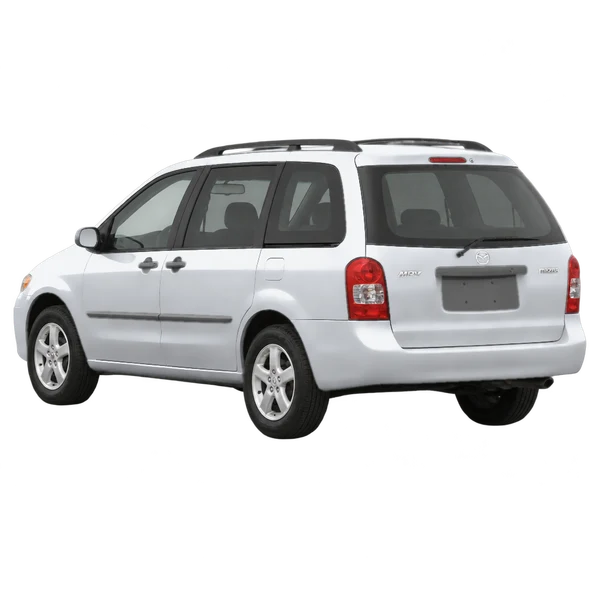 Mazda MPV 2002 باللون فضي، منظر ثلاثة أرباع خلفي (باتجاه اليسار)