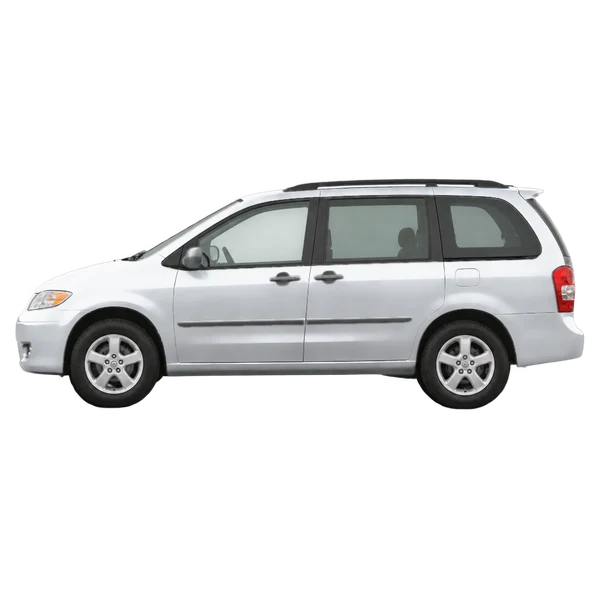 Mazda MPV 2002 باللون فضي، منظر جانبي (متجه إلى اليسار)