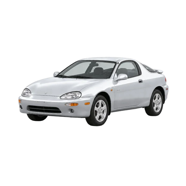 Mazda MX-3 1996 باللون فضي، منظر منظر أمامي بزاوية ثلاثة أرباع (متجه لليسار)
