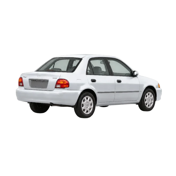1997 Mazda Protege in Silber, Ansicht: Dreiviertelansicht hinten (nach rechts gewandt)