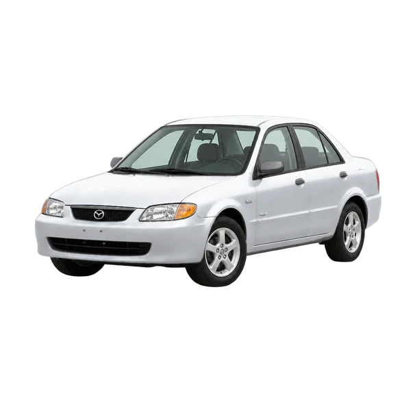 Mazda Protege 2000 prata, vista dianteira em três quartos (voltada para a esquerda)
