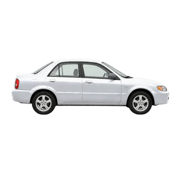 Mazda Protege 2002 باللون فضي، منظر منظر جانبي (باتجاه اليمين)
