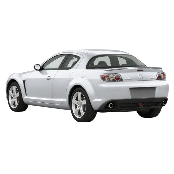 Mazda RX-8 2005 prata, vista três quartos traseira (voltada para a esquerda)