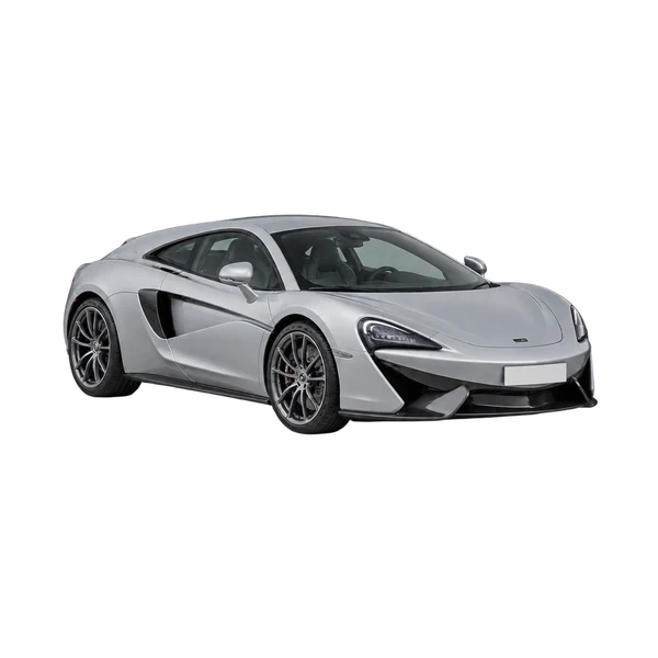 McLaren 570GT 2021 باللون فضي، منظر منظر أمامي بزاوية ثلاثة أرباع (متجه لليسار)