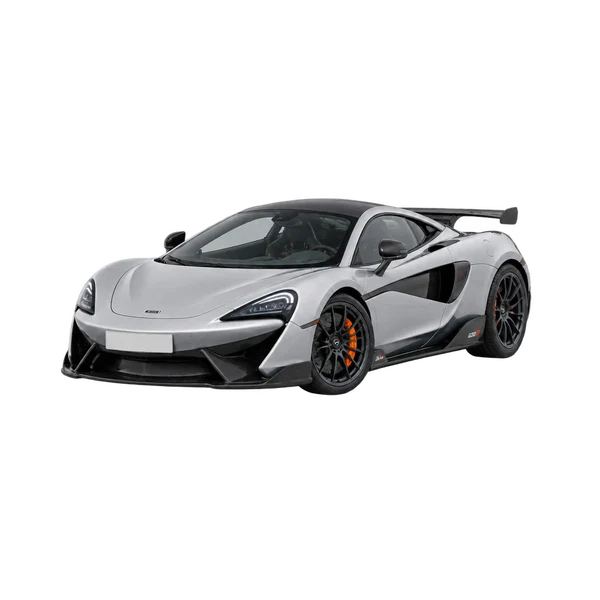 McLaren 620R 2021 باللون فضي، منظر منظر أمامي بزاوية ثلاثة أرباع (متجه لليسار)