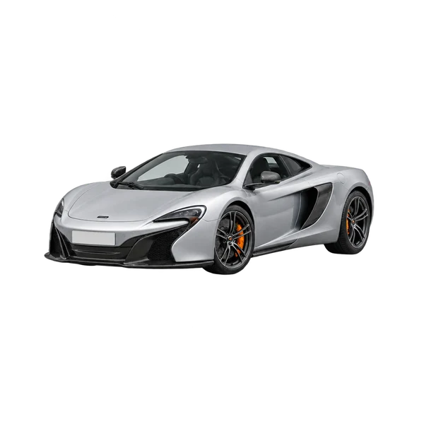 McLaren 625C 2021 باللون فضي، منظر منظر أمامي بزاوية ثلاثة أرباع (متجه لليسار)