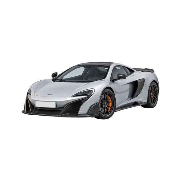 McLaren 675LT 2021 باللون فضي، منظر منظر أمامي بزاوية ثلاثة أرباع (متجه لليسار)