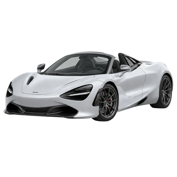 McLaren 720S Spider 2021 باللون فضي، منظر منظر أمامي بزاوية ثلاثة أرباع (متجه لليسار)