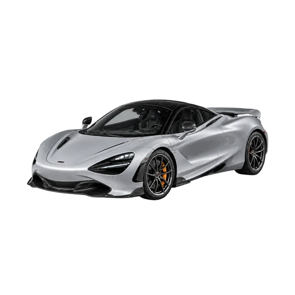 McLaren 720S 2025 باللون فضي، منظر منظر أمامي بزاوية ثلاثة أرباع (متجه لليسار)