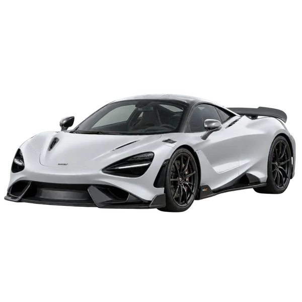 McLaren 765LT 2023 prata, vista dianteira em três quartos (voltada para a esquerda)