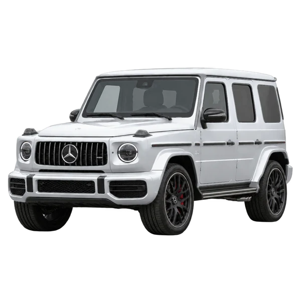 silver 2021 Mercedes-Benz AMG G 63 front three-quarter (facing left) view