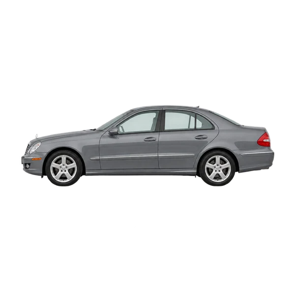 Mercedes-Benz E 280 2009 باللون رمادي، منظر جانبي (متجه إلى اليسار)