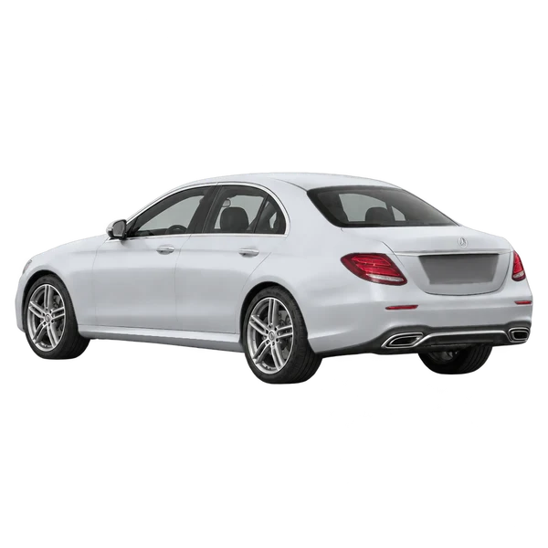 silver 2019 Mercedes-Benz E-Klasse rear three-quarter (facing left) view