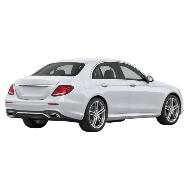 silver 2019 Mercedes-Benz E-Klasse rear three-quarter (facing right) view