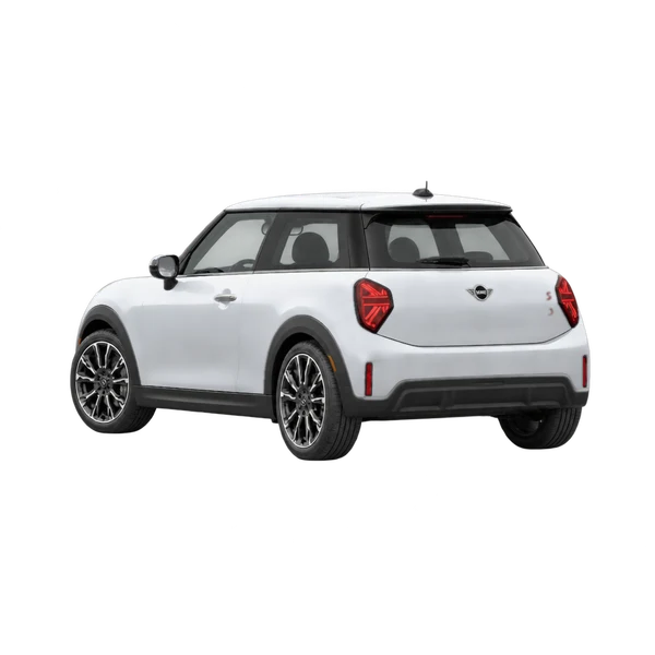 MINI Cooper C 2026 باللون فضي، منظر ثلاثة أرباع خلفي (باتجاه اليسار)