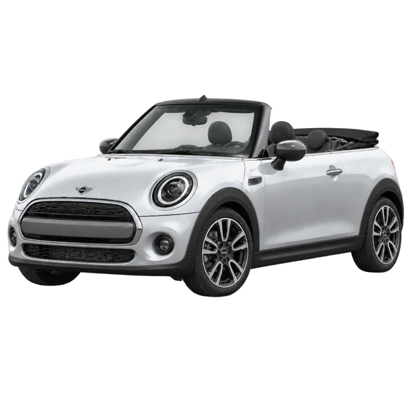 MINI Cooper Convertible 2026 en plateado, vista frontal tres cuartos (hacia la izquierda)