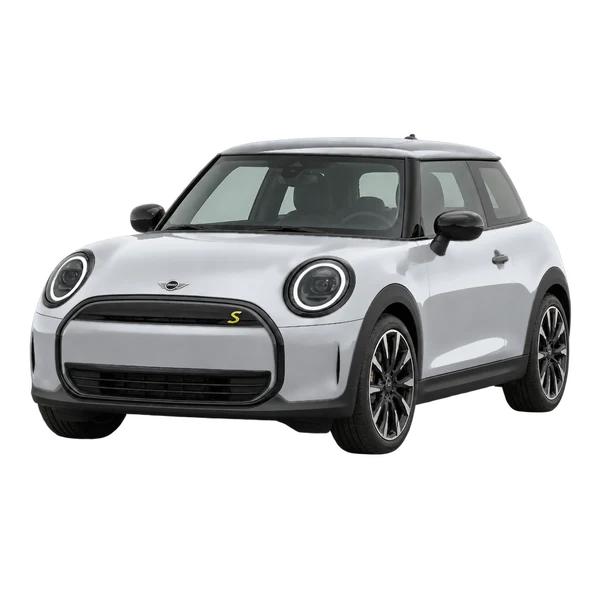 MINI Cooper E 2026 en plateado, vista frontal tres cuartos (hacia la izquierda)