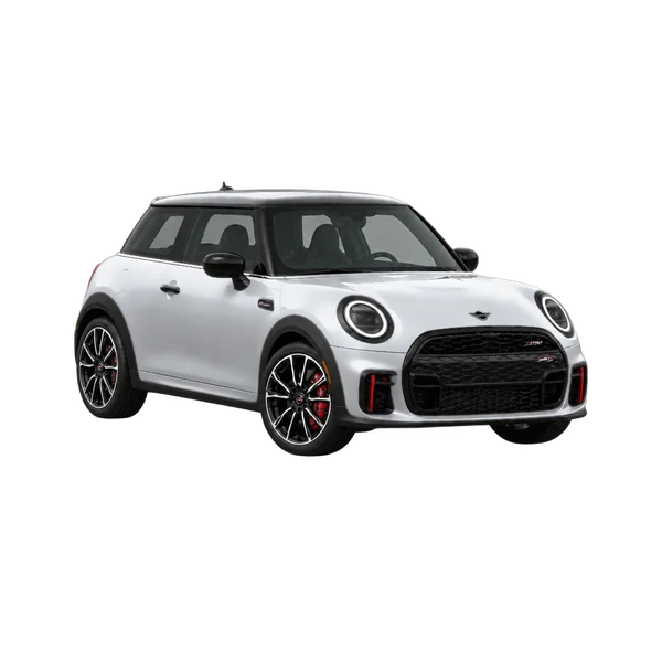 MINI JCW 2026 en plateado, vista frontal tres cuartos (hacia la izquierda)