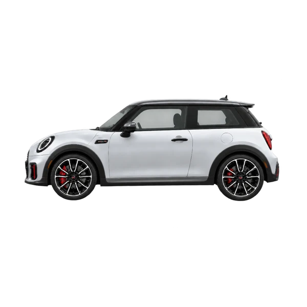 MINI JCW 2026 باللون فضي، منظر جانبي (متجه إلى اليسار)