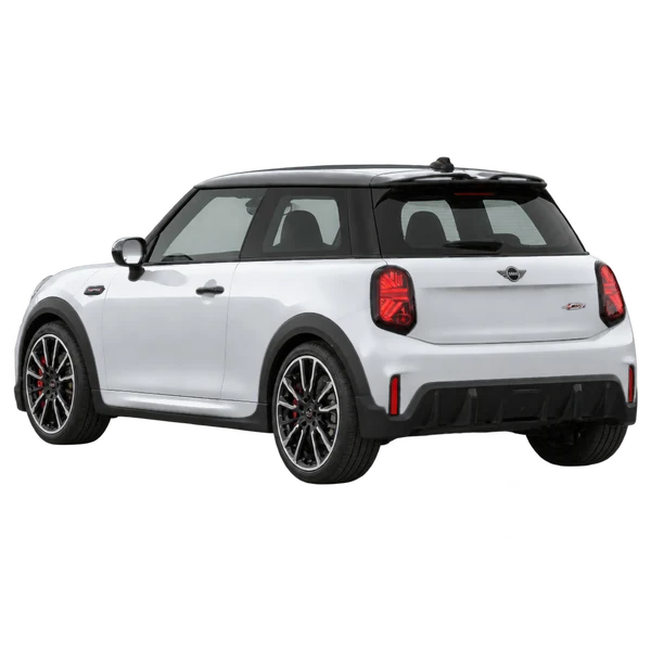 MINI John Cooper Works 2025 en plateado, vista tres cuartos trasero (mirando a la izquierda)