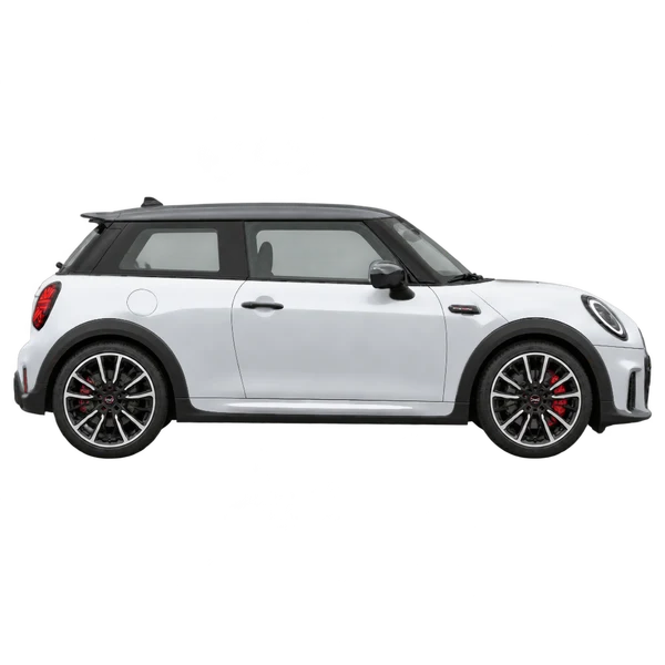 MINI John Cooper Works 2025 en plateado, vista lateral (hacia la derecha)