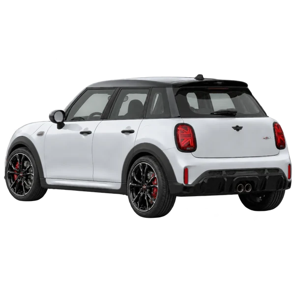 MINI John Cooper Works 2026 en plateado, vista tres cuartos trasero (mirando a la izquierda)
