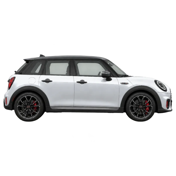MINI John Cooper Works 2026 en plateado, vista lateral (hacia la derecha)