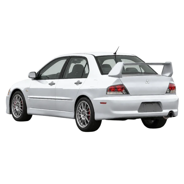 Mitsubishi Lancer Evolution 2005 prata, vista três quartos traseira (voltada para a esquerda)